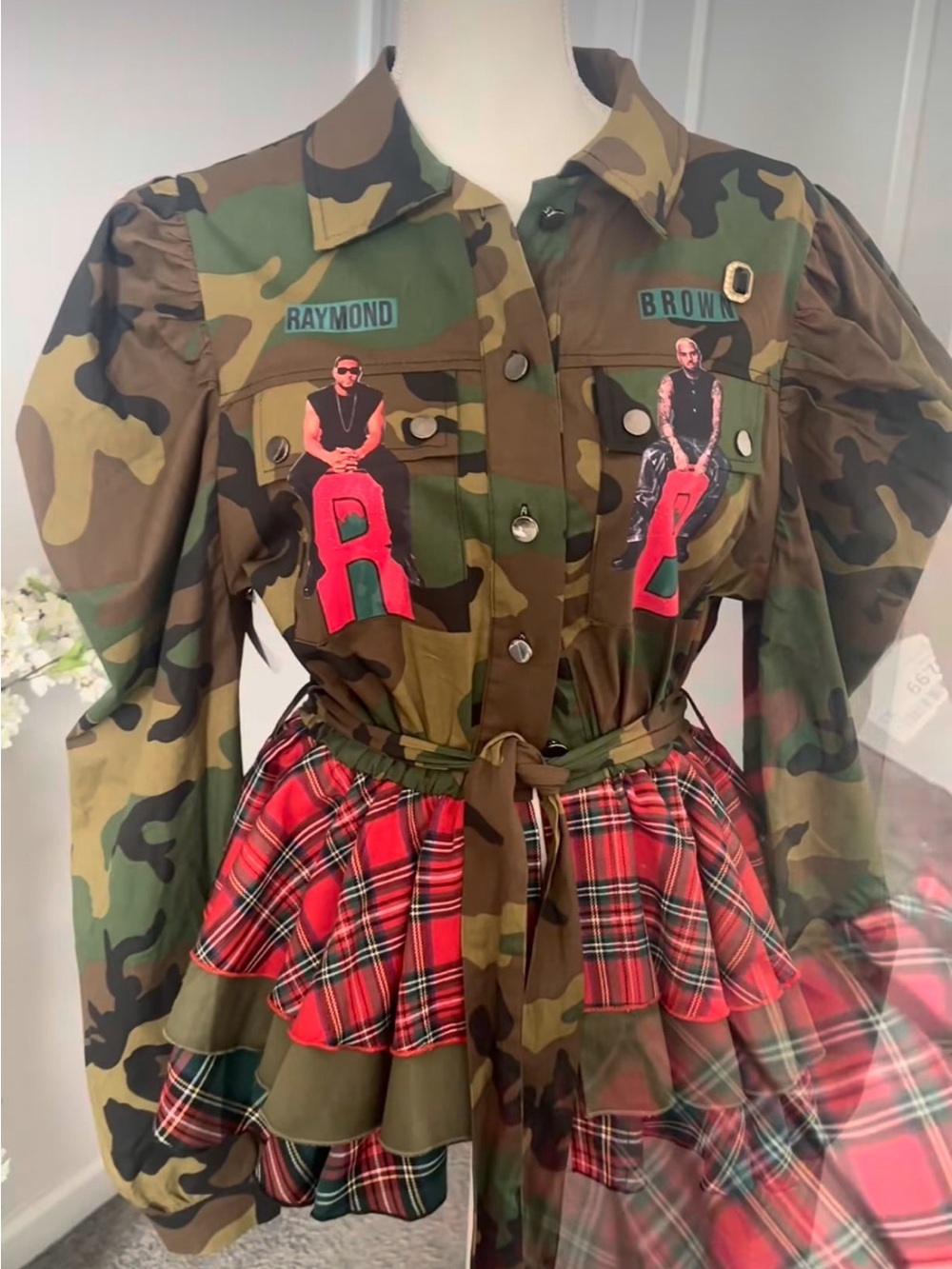 Camouflage Utility Jacket with Red Plaid Ruffle Skirt Detail